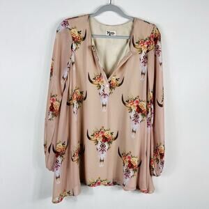 Show Me Your Mumu Size Small Long Sleeve Bull Head Skull Print Jamie Tunic Top